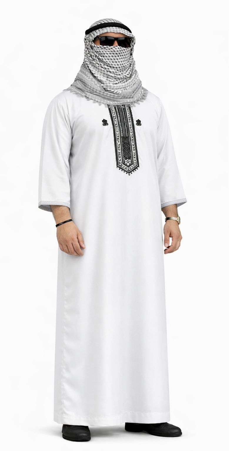 Men’s White Moroccan Thobe Black Embroidery