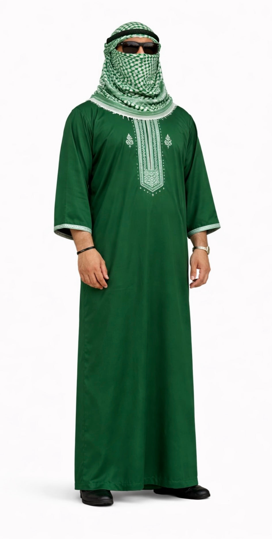 Men’s Emerald Green Moroccan Thobe White Embroidery